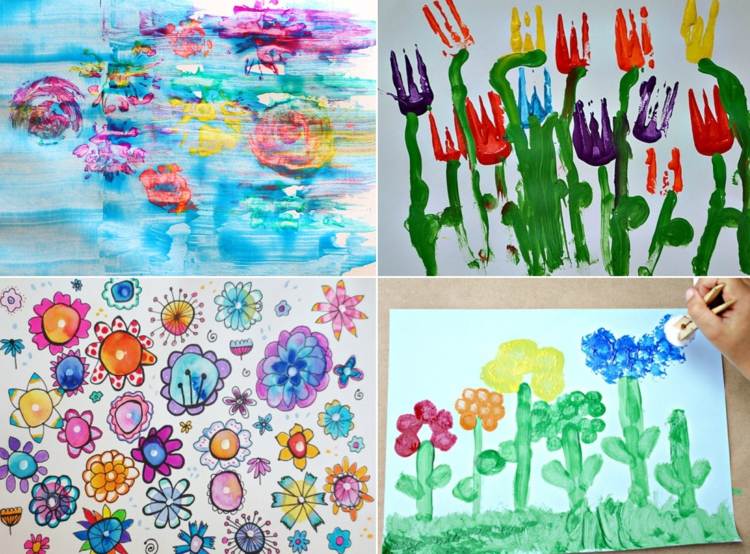 Frühlingsbilder malen mit Blumen - Acryl und Wasserfarben mit Gabel, Bommeln und Blüten