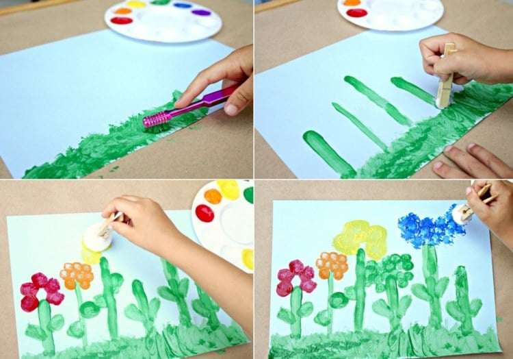 Frühlingsbilder malen mit Acrylfarben und Pompoms - Blütenblätter tupfen