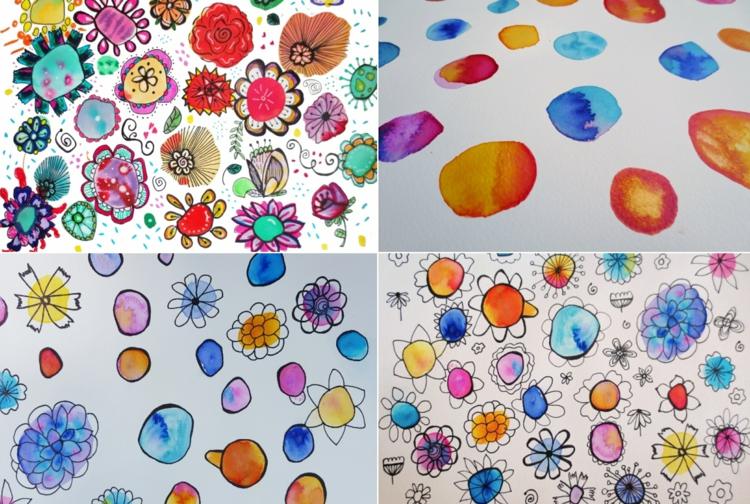 Frühlingsbilder malen mit Wasserfarben - Kreise machen und mit Filzstift umranden und Blumen zeichnen