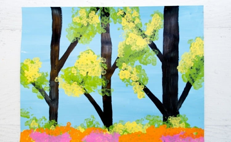 Frühlingsbilder malen mit blühenden Bäumen - Idee zum Nachmachen