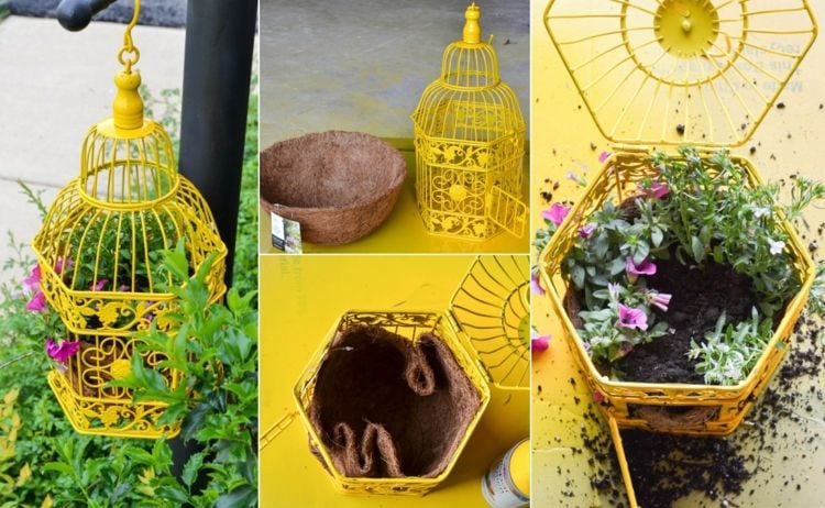 Gartenidee mit Anleitung - Gelber Käfig mit Schälchen aus Kokosfaser