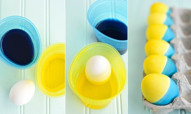 In der Kita Eier blau und gelb färben für einfache Minions