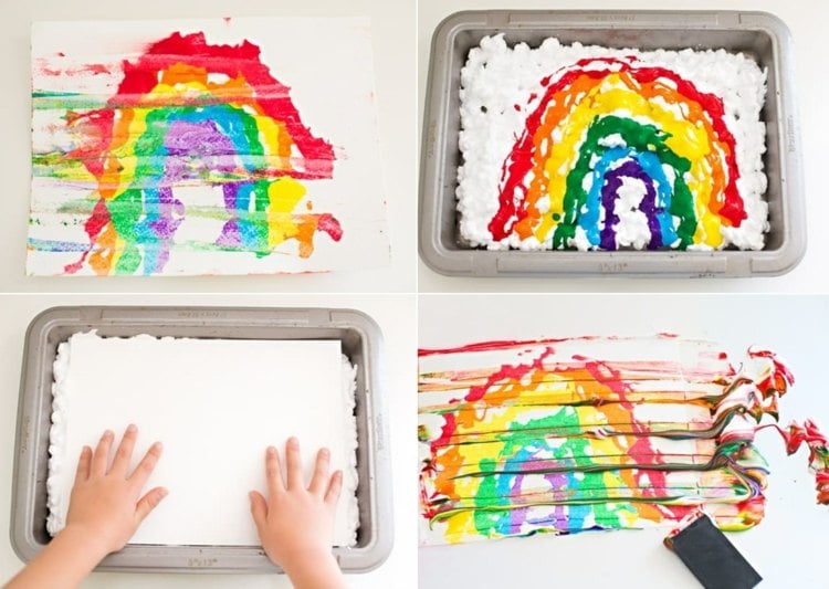 Kreative Malidee mit Rasierschaum und Acrylfarben für einen Regenbogen