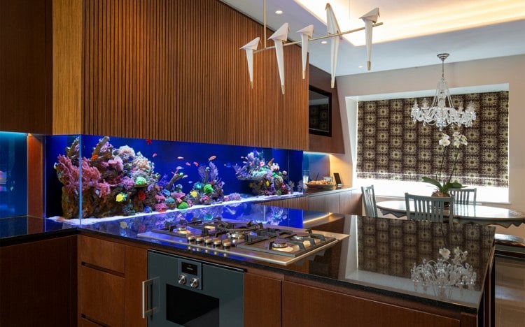 Küche modern einrichten Aquarium in Wohnwand integrieren Ideen