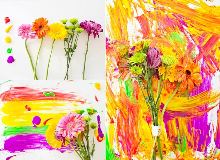 Mit Acryl Frühlingsbilder malen - Statt Pinsel Blumen verwenden