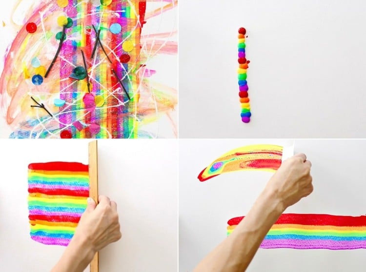 Regenbogen mit Lineal auf Papier gemalt und mit Konfetti dekoriert
