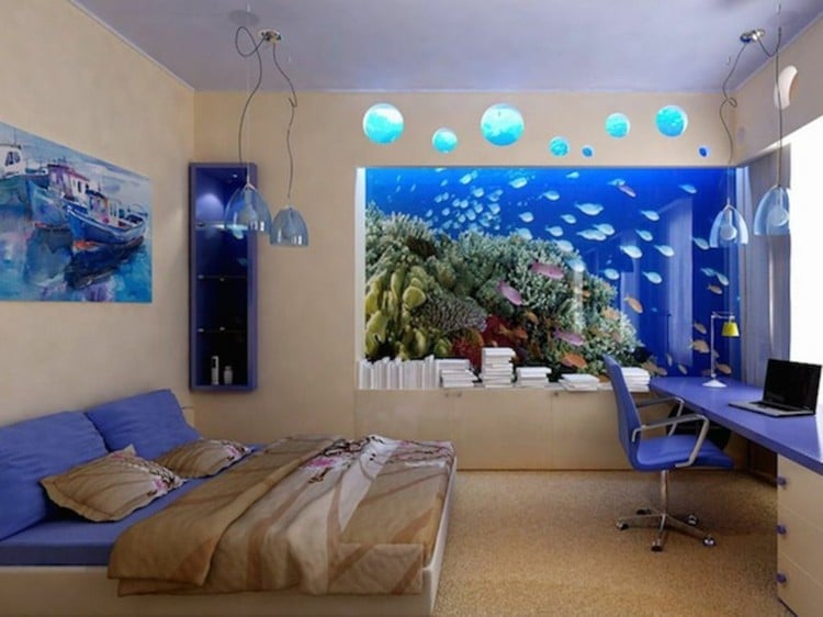 Bedroom furnishings modern aquarium wall installation ideas