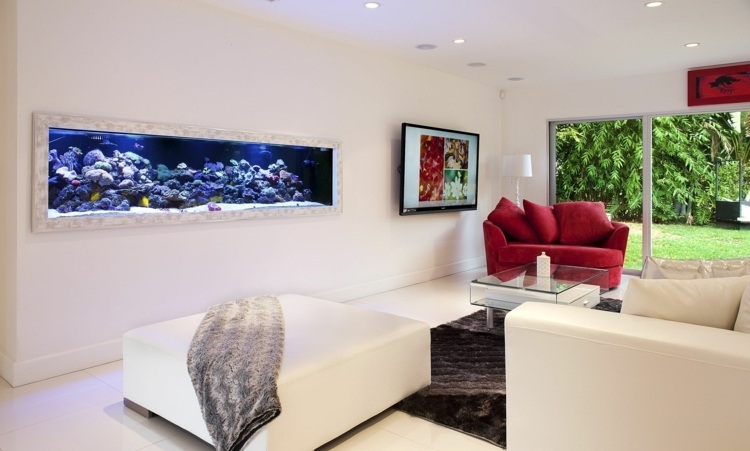 Living room Scandinavian style aquarium integrated into the wall