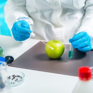 biologe testet pestizide in lebensmitteln wie äpfel und gemüse im labor