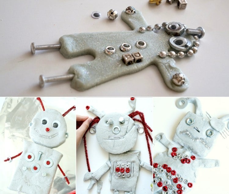 Aus Knete Figuren basteln - Witzige Roboter mit Muttern, Schrauben, Büroklammern und Pfeifenreinigern