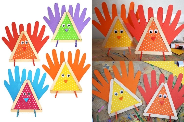 Bastelideen für Kleinkinder im Kindergarten Vögel aus Papier mit Handabdrücken ausschneiden