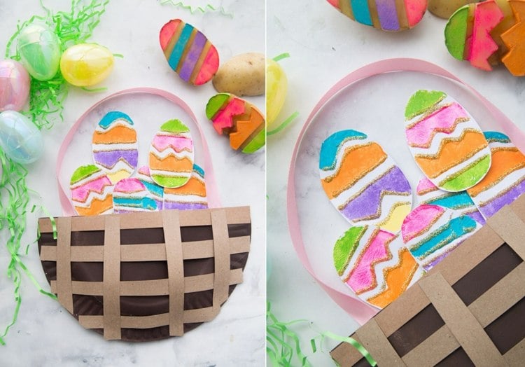 Basteln zu Ostern für Kinder ab 3 Jahre - Osterkorb aus Papptellern und Ostereier aus Papier