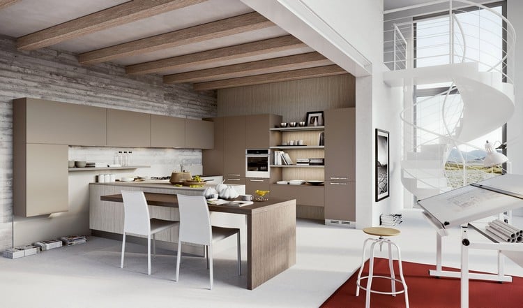 Beige Küche und hellgraue Wandfarbe im modernen Stil