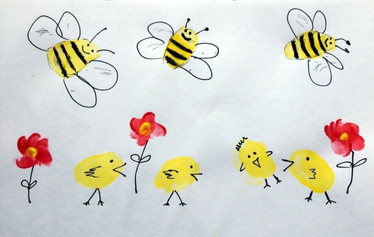 Bienen, Blumen und Küken aus Fingerabdrücken