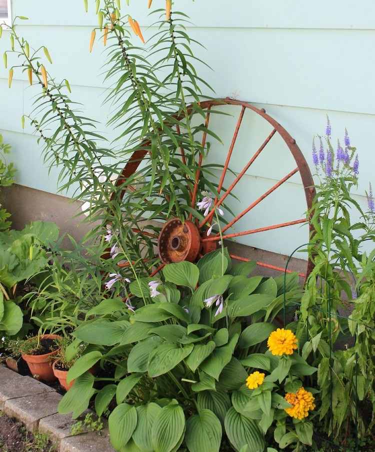 Use rusted bicycle rim as garden decoration