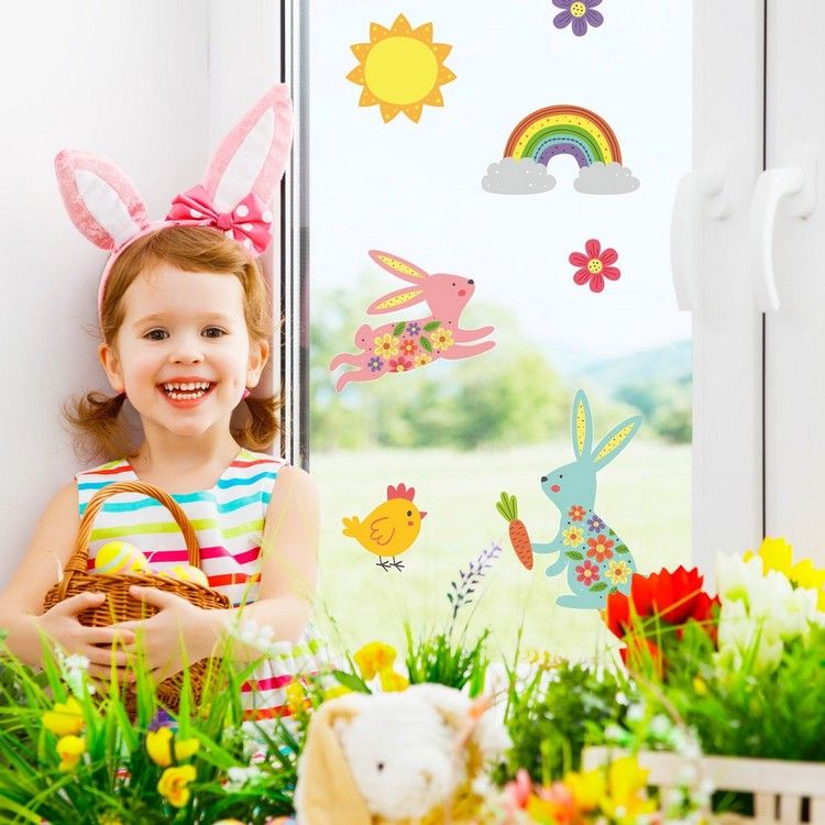 Fensterbilder basteln mit Kindern für Frühling Regenbogen und Sonne