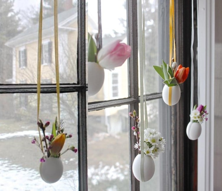 Fensterschmuck aus Blumen und Eierschalen selber machen Anleitung