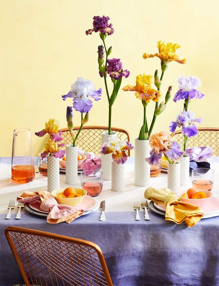 Frühlingsdeko mit frischen Blumen in Vasen