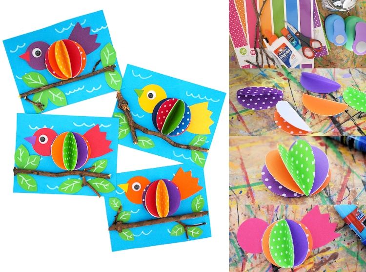Frühlingskarten mit Vögeln basteln mit Kleinkindern Ideen