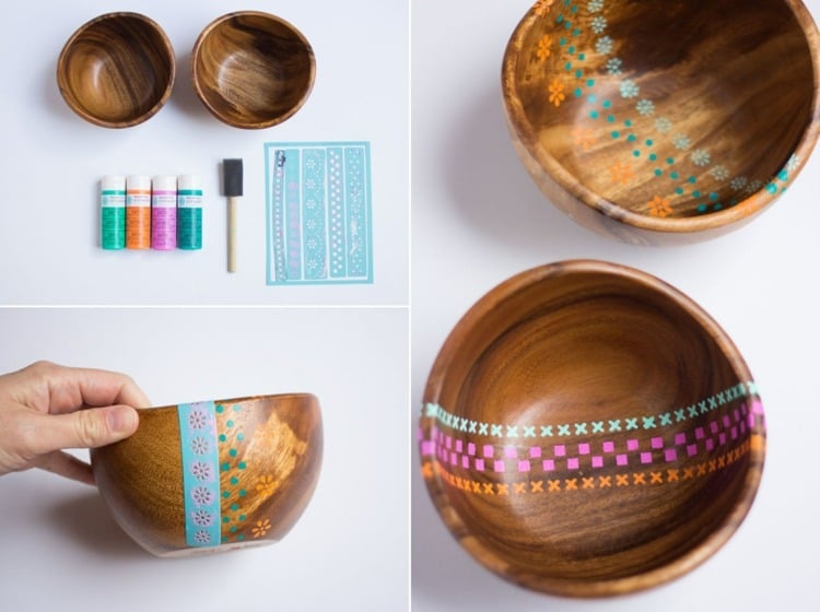 Geschenkidee für die Mama mit Schalen aus Holz und selbstgemalten Mustern