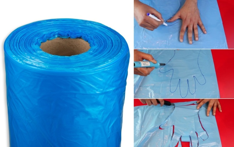 Handumriss auf den Plastikbeutel übertragen und ausschneiden für selbstgemachte Schutzhandschuhe