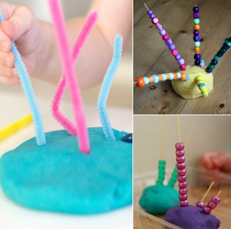 Idee als Alternative zum kneten mit Kindern - Pfeifenputzer oder Spieße mit Perlen gestalten für die Feinmotorik