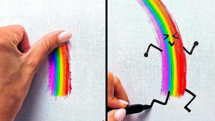 Idee zum Malen mit Fingerfarben auf Leinwand - Bunter Regenbogen mit Daumen
