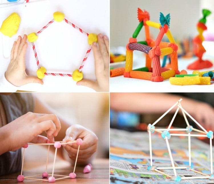 Kneten mit Kindern und 3D-Figuren bauen mit Zahnstochern, Strohhalmen und Nudeln