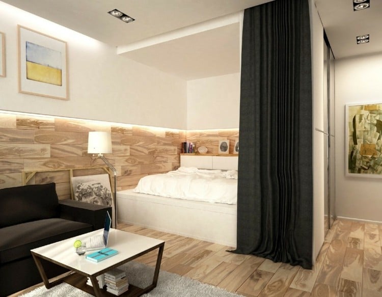 Design a sleeping alcove between the wall and the wardrobe in a one-room apartment