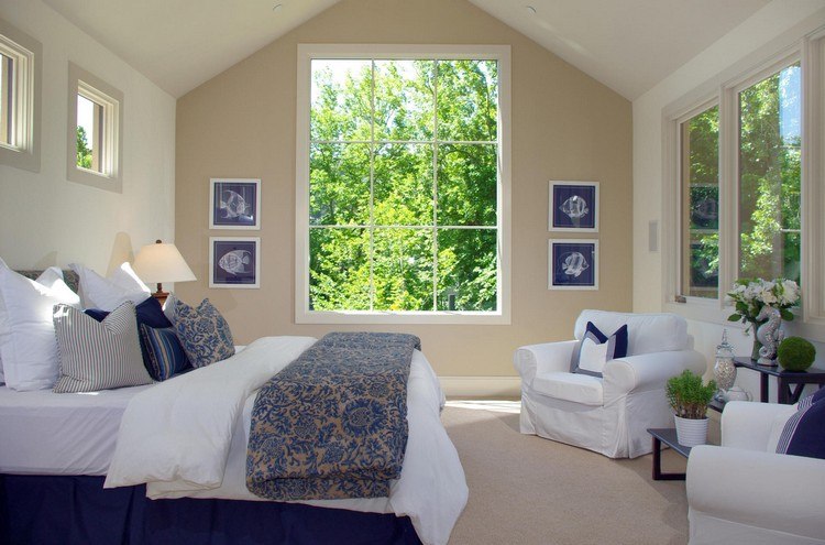 Schlafzimmer beige weiß und blau kombinieren Ideen für Wandfarbe