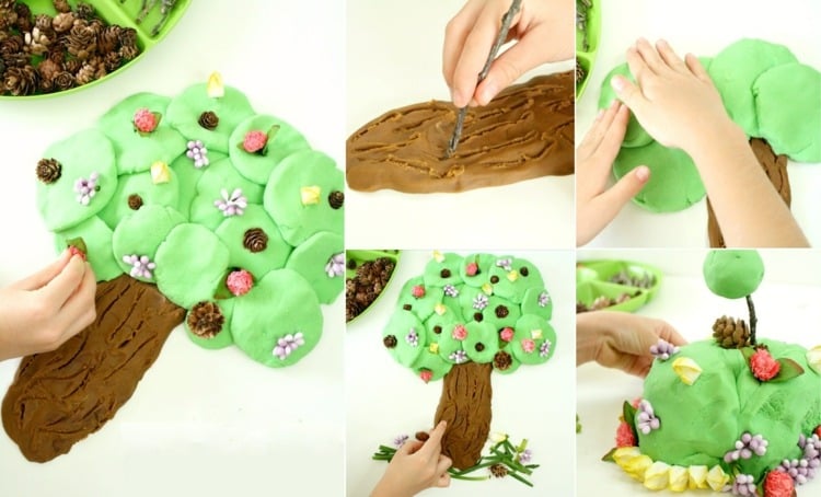 Schöne Idee für den Frühling mit Knete und Naturmaterialien - Einen Baum oder Hügel basteln