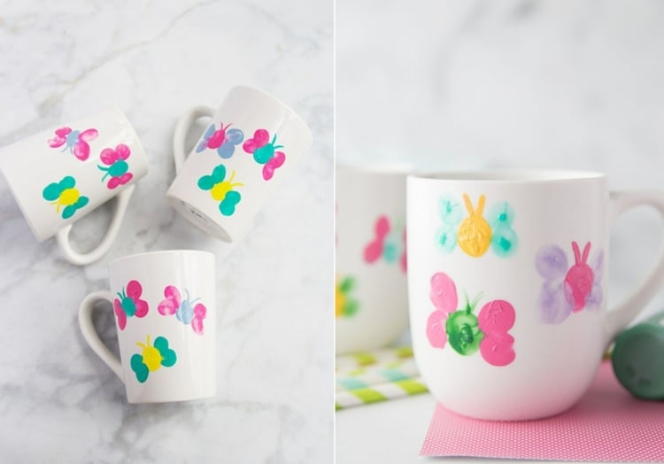 Teetasse als Muttertagsgeschenke von Kindern gebastelt mit Schmetterlingen aus Fingerabdrücken