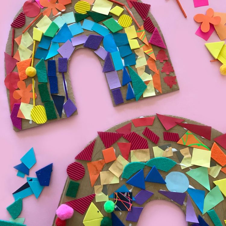 Tolle Regenbogen-Collage für Kinder aus unterschiedlichen Materialien