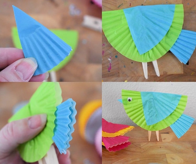 Vögel aus Cupcake Papierformen falten Anleitung Schritt für Schritt