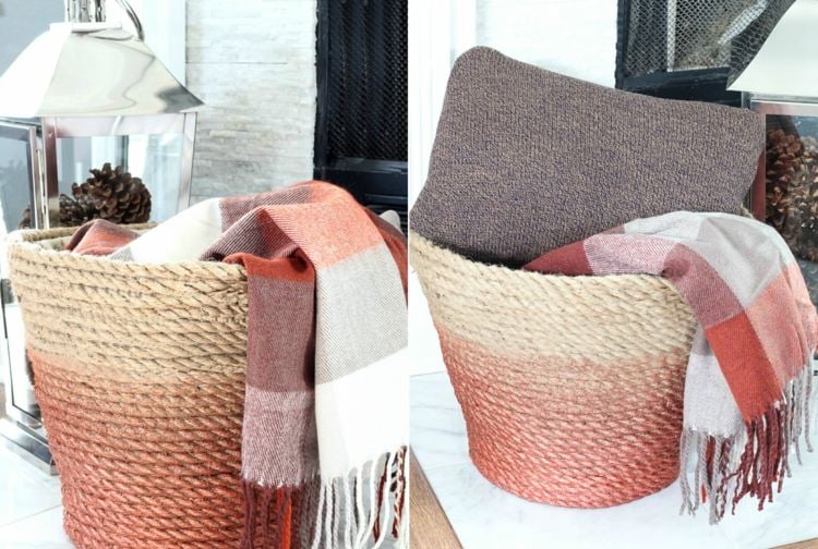 Wäschekorb selber machen mit Seil und Farbe für Ombre-Look