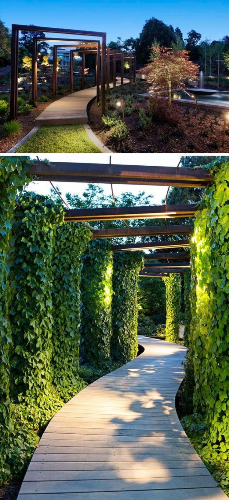 green pillars pergola wooden garden path