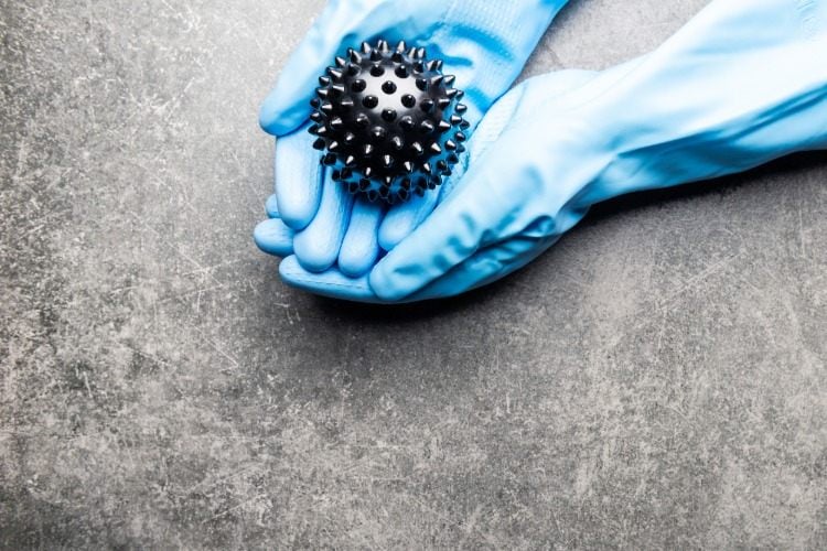 hände mit gummihandschuhen halten symbolisches coronavirus in schwarz