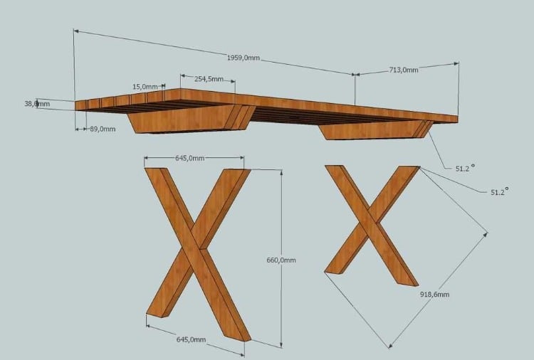 plan drawing with dimensions for garden table diy wood in millimeters and degrees