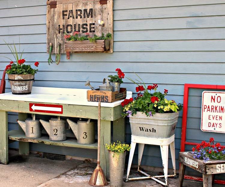 rustic decoration with vintage buckets in country style