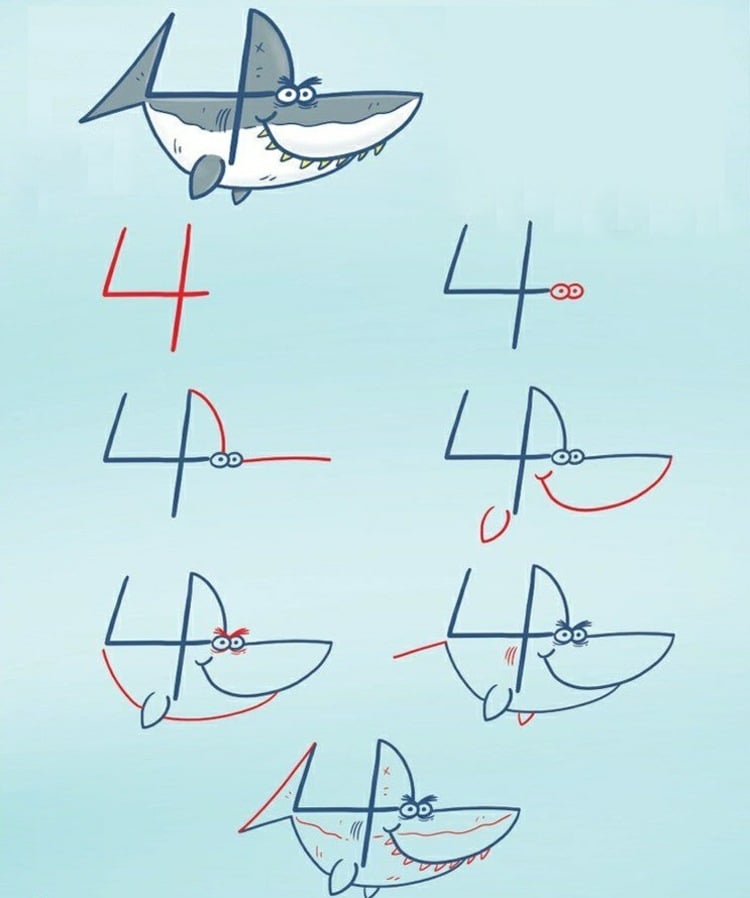 Aus der Zahl 4 einen Hai zeichnen für Meerestiere