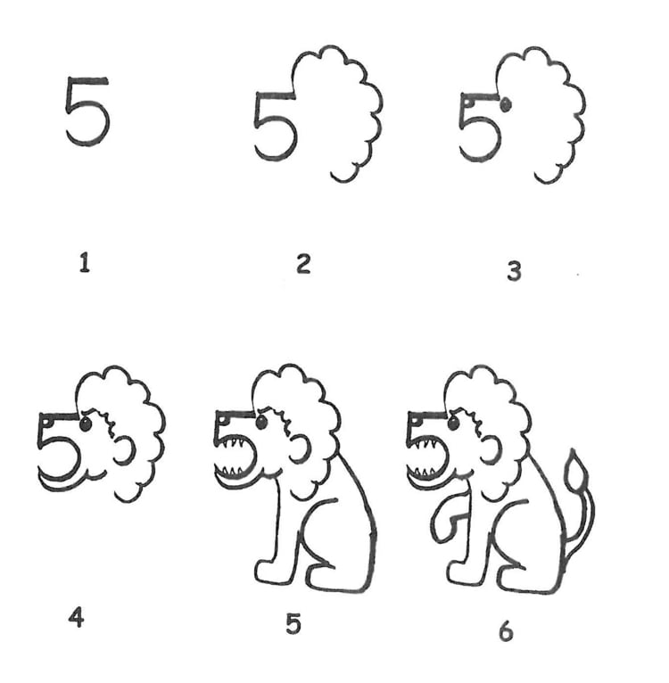 Aus der Zahl 5 einen brüllenden Löwen zeichnen