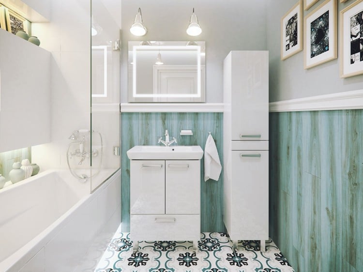 Badezimmer im Vintage Modern Stil Grau und Blau Wandbilder als Deko