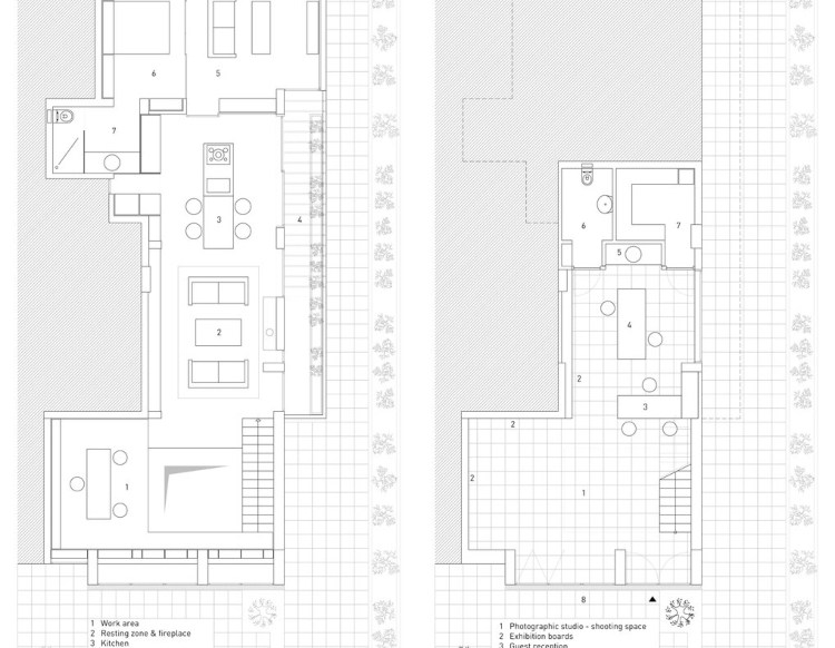 Home Office und Gallerie und Wohnung in einem Gebäude Bauplan