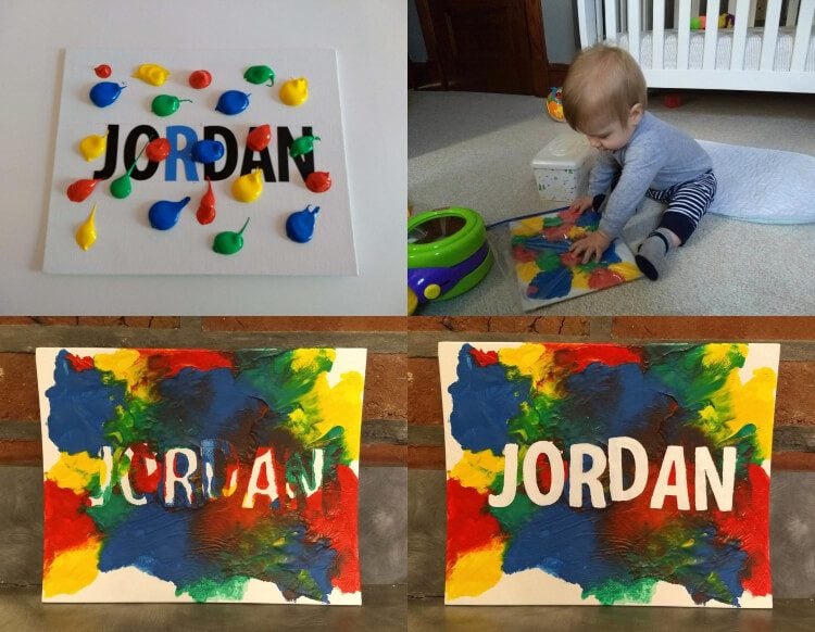 Keilrahmen mit Acrylfarbe gestalten Baby Namen beschriften