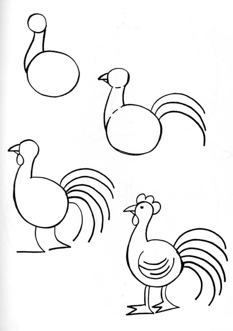 Tiere malen leicht gemacht - Hahn aus Kreisen und Strichen für den Schwanz