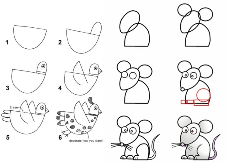 Vogel und Maus aus einem Halbkreis gezeichnet