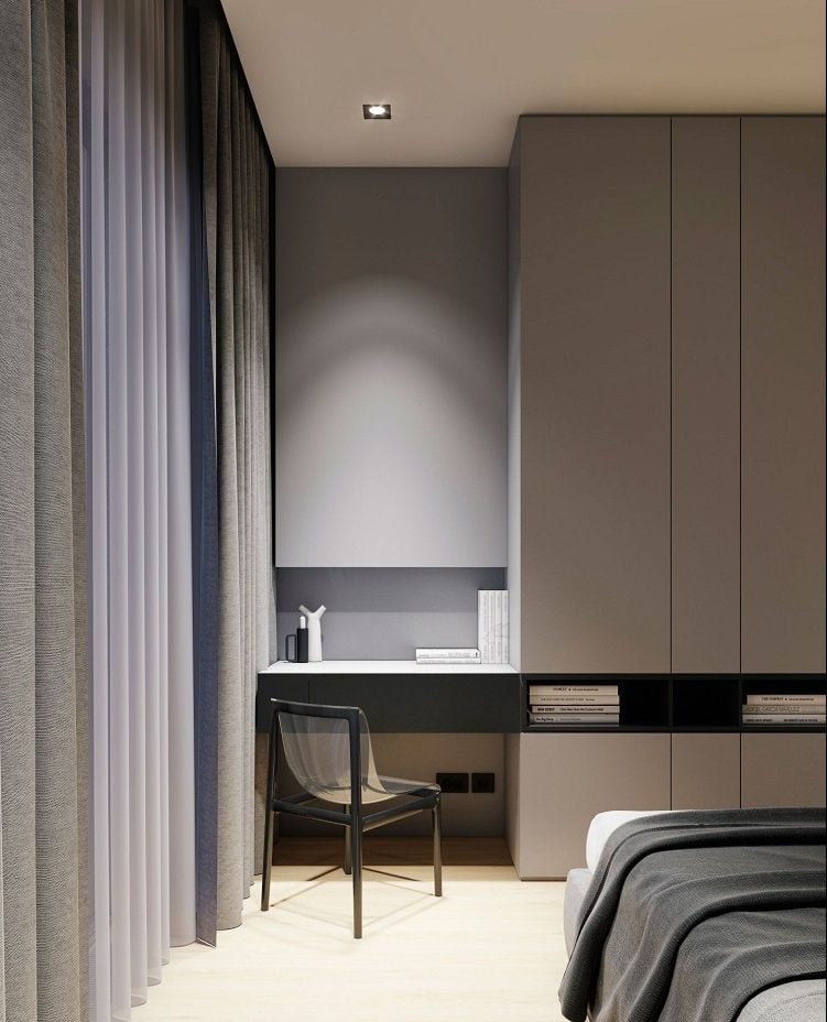 Wohnung minimalistisch einrichten Tipps Schlafzimmer mit Schreibtisch