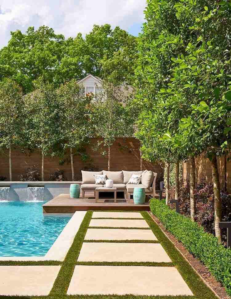 bäume pflanze sichtschutz am pool mit garten steinplatten modernes design