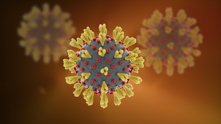 covid 19 coronaviren mit gelben stacheln und roten punkten am kern dargestellt