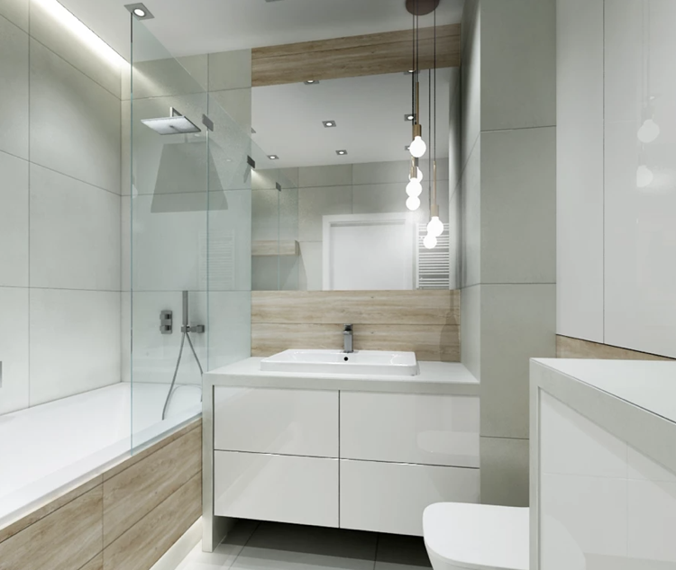 kleines Badezimmer in Weiß, Hellgrau und Holz